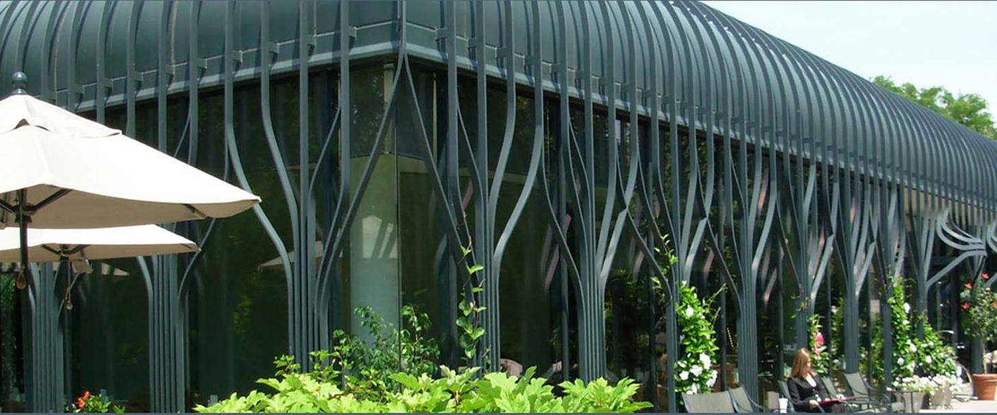 Sculpture Garden paths and outdoor seating near the Pavilion Cafe